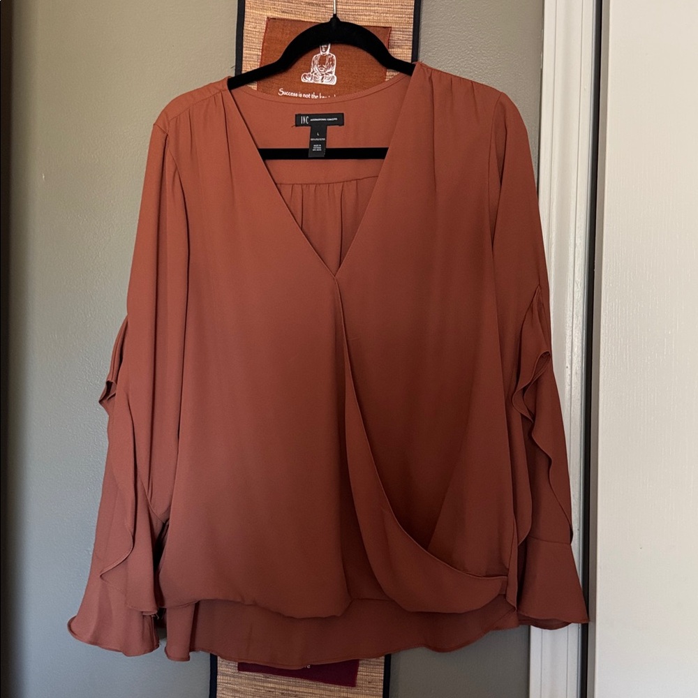 INC International Shirt Womens Large Blouse Sheer Sleeves with ruffle flare